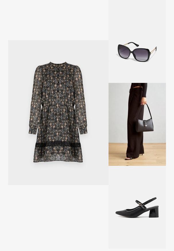 Vestido preto com padrão, de mangas longas, apresentando um desenho de diamantes em bege e castanho, e um detalhe de renda na bainha.; Sabrinas de cerâmica preta com salto bloco, bico apontado e um design com recortes arredondados. Apresenta um detalhe em fivela de tom dourado.; Óculos de sol oversized pretos com lentes degradê, armações grossas e detalhes em corrente dourada nas hastes.; Bolsa preta com forma estruturada, textura suave e um fecho metálico. Combinada com calças largas pretas e sandálias de salto aberto sobre um chão de madeira.