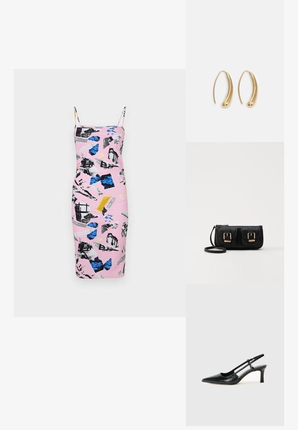 MOSCHINO JEANS RAMAGE - Laisvo kirpimo suknelė - fantasia rosa; Juodai lakuoti slingback aukštakulniai su smailiu nosiu, su tekstūruotu gyvatės raštu, reguliuojama juosta ir trumpu, tekstūruotu blokiniu kulnu.; Juodas odinis per petį nešiojamas krepšys su dviem priekiniais kišenėmis, auksiniais sagtimis, užtrauktuko uždarymu ir siauromis petnešomis. Textūruota paviršius ir kompaktiškas stačiakampis formatas.; Auksinės metalinės auskarų kabės su lenktą, pailgą forma. Turi lygų, blizgantį paviršių ir užapvalintą galiuką papildomam akcentui.