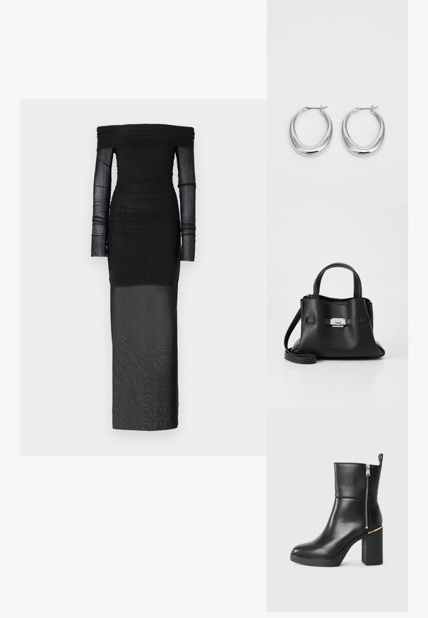 Bec + Bridge SASHAY GATHERED DRESS - Společenské šaty - black; Černé kotníkové boty vyrobené z hladké kůže, s bočním zipem a texturovaným blokovým podpatkem. Design na klips s kulatou špičkou.; Černá kožená kabelka s texturovaným povrchem, vybavená dvěma horními uchy, odnímatelným ramenním popruhem a stříbrným detailem s uzávěrem.; Pár leštěných stříbrných půlměsíčních náušnic s kloubovými sponami na bílém pozadí.