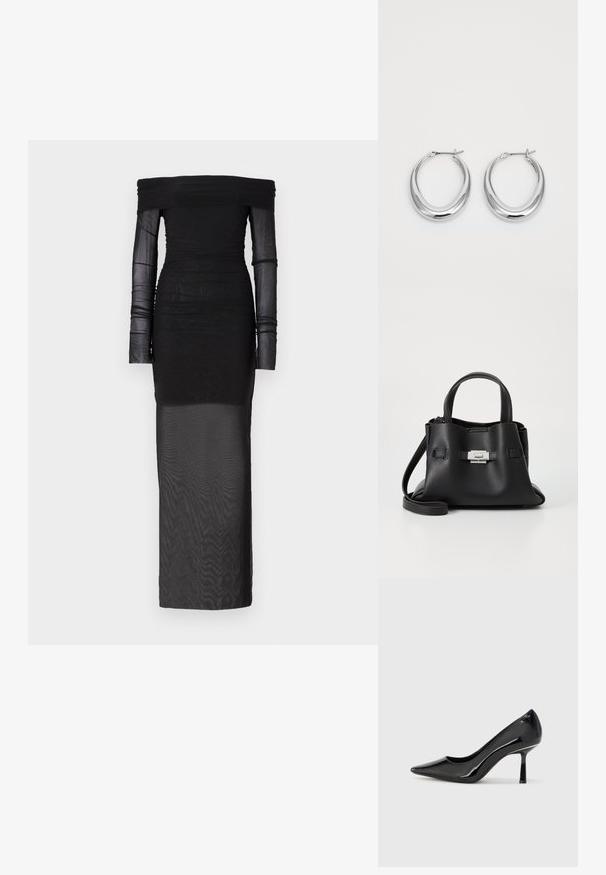 Bec + Bridge SASHAY GATHERED DRESS - Společenské šaty - black; Černé lakované lodičky na vysokém podpatku s špičatou špičkou, elegantním designem a štíhlým jehlovým podpatkem, s hladkým, lesklým povrchem.; Černá kožená kabelka s texturovaným povrchem, vybavená dvěma horními uchy, odnímatelným ramenním popruhem a stříbrným detailem s uzávěrem.; Pár leštěných stříbrných půlměsíčních náušnic s kloubovými sponami na bílém pozadí.