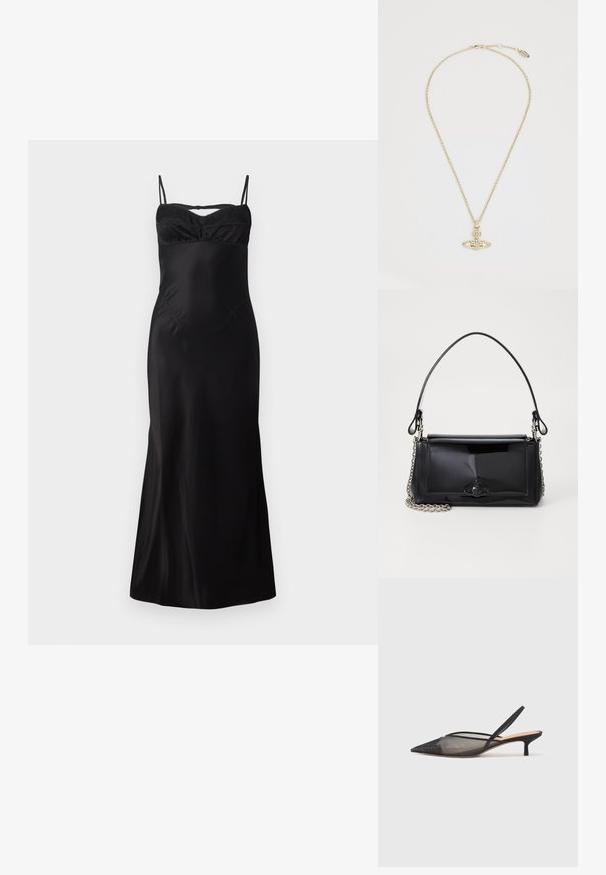 Fekete, vékony pántos selyemruha, összegyűrt kosárral és sima, lágy anyaggal. Középhosszú, az alján enyhén bővül.; NEOUS IRENA - Klasszikus sarkú cipők - black; Fekete lakkbőr kézitáska téglalap alakú, láncos vállpánttal és középen egy jellegzetes fém díszítéssel. Simaszerkezet.; Vivienne Westwood MAYFAIR BAS RELIEF PENDANT - Nyaklánc - gold-coloured