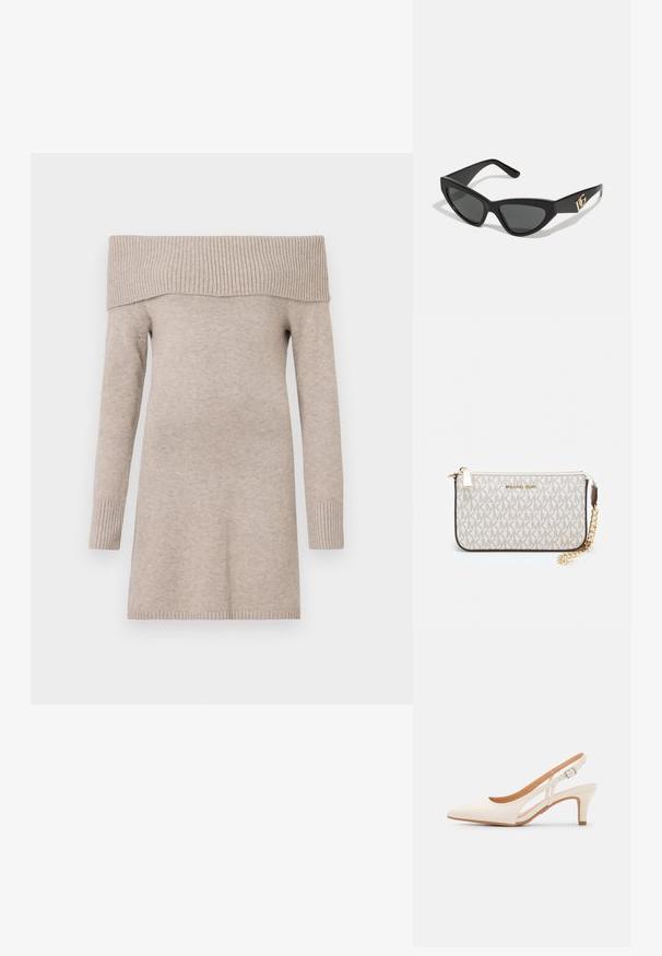 Bēžs svītra bez pleciem, adīts tekstūra, garas piedurknes, ribota apkakle un aproces, līdz viduscelim garums, gluda auduma apdare.; Baltas siksniņveida papēdis ar smailu purngalu, gludu augšējo materiālu, zemu blokpapēdi un sānu izgriezumu dizainu ar regulējamu sprādzi.; Kaķa acu saulesbrilles ar matētu melnu plastmasas rāmjiem, tumšiem stikliem un zelta logotipa akcentu uz tempļa. Stūrainā forma un gluda tekstūra.; Michaela Korsa rokassomi bez̦ā īšojuma, kas izgatavota no apklāta kanvas, iekļaujot atkārtotu MK logotipa rakstu, zelta aparatūru un noņemamu ķēdes siksnu.