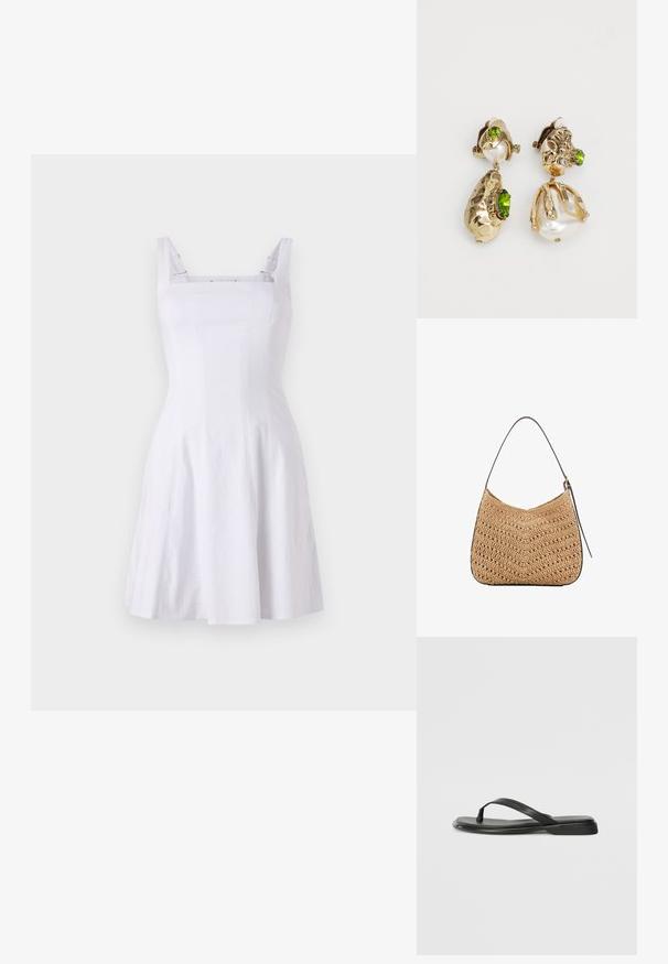 Robe blanche sans manches avec un corsage ajusté, décolleté carré et jupe évasée. Conçue en tissu texturé avec des bretelles contrastées.; Tongs noires en cuir lisse, avec un design de sangle fine et une semelle plate à profil minimal. Aucun motif ou accent notables.; Sac en paille tissé à la forme incurvée, avec une sangle en cuir noir et une surface texturée avec un motif en chevrons.; Des boucles d'oreilles en or, présentant des formes texturées irrégulières, ornées de pierres précieuses vertes et de perles blanches, fixées avec des fermoirs clip-on.