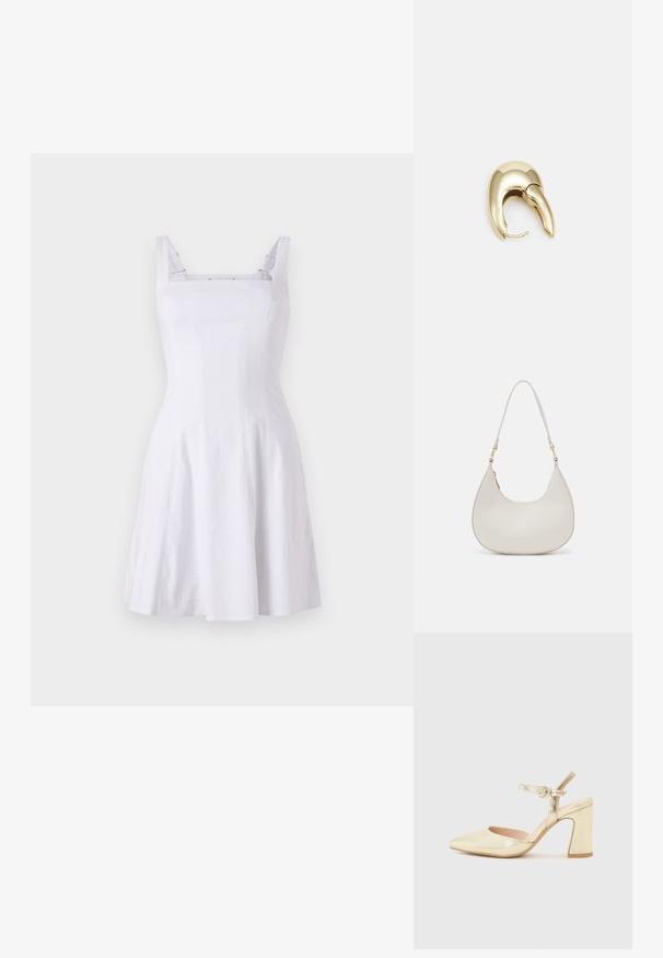 Hvit ermeløs kjole med tilpasset overdel, firkantet hals og A-line skjørt. Laget av teksturert stoff med kontrasterende stropper.; Gull metallisk hæl sko med spiss tå, ankelrem med en sirkelformet lås, og en tykk hældesign. Glatt tekstur.; Kremfarget lær skulderveske med halvmåneform, tynn stropp og subtile stingdetaljer. Minimalistisk design med hardware i gulltone.; Gullfarget metalløredobber med et elegant, buet design. Har en karakteristisk spiss form, polert overflate og hengsel-lukking.