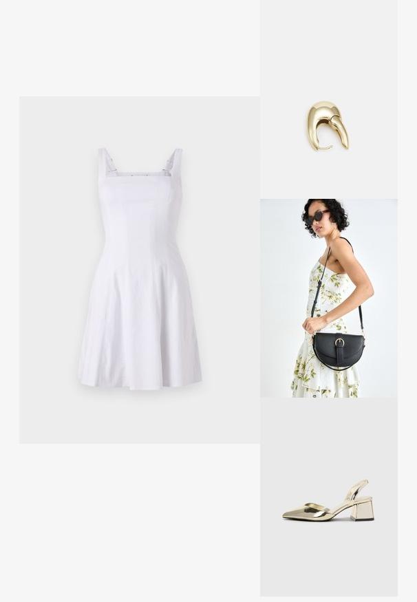 Valge ilma varrukateta kleit, millel on sobiv kehaosa, ruudukujuline kaelus ja A-line seelik. Valmistatud tekstureeritud kangast, millel on kontrastsed rihmad.; Kuldne, metallilised slingback-kudumid terava varba ja paksu kontsaga. Sile tekstuur, minimalistlik disain ja kitsas rihm.; Mustmust mustraha kõverate joontega, eemaldatava rihmaga ja kuldsete detailidega. Kotil on klapp, millel on pandladetail.; Kuldtooni metallist kõrvarõngas, millel on elegantne ja kaarjas disain. Omab silmapaistvat teravat kuju, poleeritud pinda ja hingesulgemist.