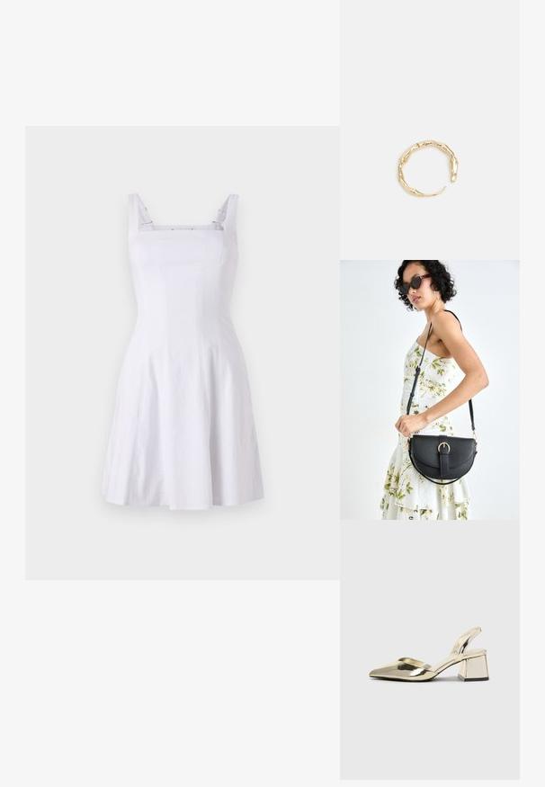 Biała bezrękawnikowa sukienka z dopasowanym gorsetem, kwadratowym dekoltem i spódnicą w kształcie litery A. Wykonana z teksturowanej tkaniny z kontrastującymi ramiączkami.; Złote, metaliczne szpilki z boku z wydłużonym noskiem i grubym obcasem. Gładka faktura, minimalistyczny design i wąski pasek.; Czarna skórzana torebka o zakrzywionym kształcie, z odpinanym paskiem i złotymi akcentami. Torebka posiada klapę z zapięciem w kształcie klamry.; Pierścionek w odcieniu złota z organicznym, skręconym wzorem, o gładkiej fakturze i zwężających się końcach, tworzący nowoczesny, rzeźbiarski wygląd.