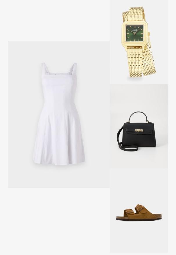 Bílé šaty bez rukávů s přiléhavým trupem, čtvercovým výstřihem a sukní ve tvaru A. Vyrobené z texturované látky s kontrastními ramínky.; Hnědé semišové sandály se dvěma nastavitelnými přezkami, korkovou stélkou a strukturovanou gumovou podrážkou. Otevřené špičky a snadné obouvání pro maximální pohodlí.; Černá kožená kabelka se strukturovaným designem, horním držadlem, odnímatelným ramenním popruhem a zlatými kováními. Obsahuje přední zapínání na klips.; Zlaté čtvercové hodinky s gradientním zeleným ciferníkem, zlatými hodinovými značkami a síťovým náramkem. Název značky "CLUSE" zobrazen na ciferníku.; Náušnice ve zlatém tónu ve tvaru uzlu s propleteným designem. Každá náušnice má kulatou průhlednou oporu pro bezpečné nošení.
