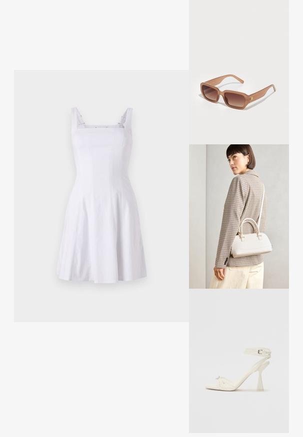 Robe blanche sans manches avec un corsage ajusté, décolleté carré et jupe évasée. Conçue en tissu texturé avec des bretelles contrastées.; Sandale à talons hauts à brides en cuir blanc avec un design épuré, un talon bloc transparent et un élément décoratif au niveau des orteils.; Lunettes de soleil rectangulaires brunes avec des verres dégradés, des montures épaisses et un détail de logo sur le côté. Matériau en plastique lisse, design minimaliste.; Sac à main structuré blanc avec de courtes poignées et une bandoulière, doté de accents en métal doré et d'un matériau texturé, présenté sur un fond gris.