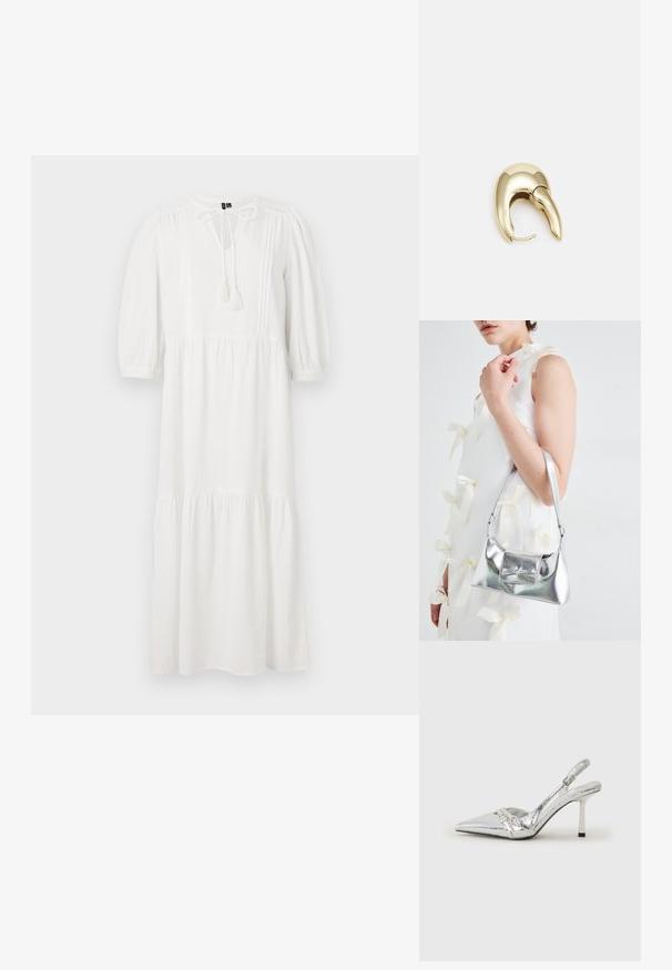 Rochie albă, până la genunchi, cu mâneci bufante, decolteu rotund și detalii cu fundă. Prezintă un material texturat și volane strânse la margine.; Pantofii cu toc înalt, argintii, cu vârf ascuțit, finisaj metallic, două curele decorative și un toc subțire cu vârful negru.; Geantă metalică argintie cu o formă structurată, având un mâner superior și un detaliu sub formă de fundă pe față. Textură netedă, finisaj reflexiv.; Cercei din metal de culoare aurie cu un design elegant și curbat. Prezintă o formă distinctivă, ascuțită, o suprafață lustruită și un sistem de închidere cu balama.