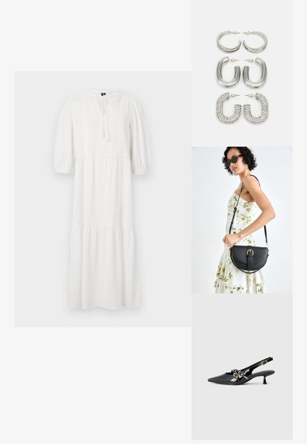 Fehér, térd dài ruha puffos ujjal, kerek nyakkivágással és megkötős részlettel. Texturált anyaggal és ráncolt rétegekkel a szegélynél.; Fekete lakk bőrből készült slingback sarkú cipők hegyes orral, dupla pánttal, arany csattal, és rövid kis sarkú. Simaság jellemzi.; Fekete bőrtáska ívelt formával, levehető pánttal és arany színű fémrészekkel. A táskán egy csattal díszített fedél található.; Négy pár ezüst fülbevaló: két fényes, sima karika design, egy texturált, és egy apró világos cirkonkövekkel díszített.