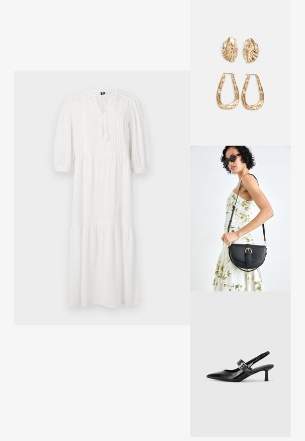Fehér, térd dài ruha puffos ujjal, kerek nyakkivágással és megkötős részlettel. Texturált anyaggal és ráncolt rétegekkel a szegélynél.; Fekete lakkbőr slingback sarkú cipők hegyes orral és kis blokk talppal, ezüst csat díszítéssel a pánton.; Fekete bőrtáska ívelt formával, levehető pánttal és arany színű fémrészekkel. A táskán egy csattal díszített fedél található.; Aranyszínű fülbevalók, texturált, hullámos formákkal. Tartalmazza a szobrászati klipszes studokat és az open hoop kialakítást, kalapácsos felülettel.