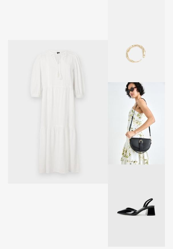 Valge, põlve pikkuses kleit puffvarrukatega, ümmarguse kaelusega ja lipsu detailiga. Omab tekstuurset kangast ja koondunud kihte allääres.; Mustad musta lakknahk kingad, millel on terav varvas ja geomeetriline plokkkonts. Omab elegantselt minimalistlikku disaini ja sujuvat tekstuuri.; Mustmust mustraha kõverate joontega, eemaldatava rihmaga ja kuldsete detailidega. Kotil on klapp, millel on pandladetail.; Kuldtoonis sõrmus, millel on orgaaniline, keerdunud disain sileda tekstuuri ja kitsenevate otstega, luues kaasaegse skulptuurilise välimuse.