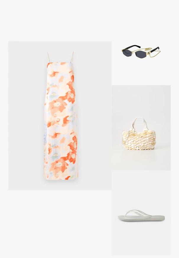 Robe maxi florale dans des couleurs pastel avec des motifs abstraits orange et bleu clair, dotée de bretelles spaghetti ajustables et d'une texture lisse.; Tong en plastique blanche avec une semelle texturée, dotée de fines brides et d'un design plat. Fabriquée en caoutchouc avec un logo discret sur le coussin de pied.; Lunettes de soleil octogonales avec des verres teintés, des accents en métal doré et des branches en plastique noir ; comprend une chaîne dorée détachable.; Sac à main blanc avec des embellissements texturés en forme de coquillage à bords festonnés. Doté d'une anse tissée et d'une bandoulière en chaîne argentée pour plus de polyvalence.