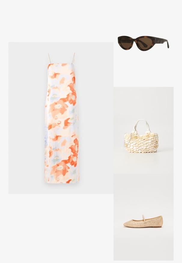 Kvetinové maxi šaty v pastelových farbách s abstraktnými vzormi v oranžovej a svetlomodrej, s nastaviteľnými ramienkami a hladkým povrchom.; Zlaté plátkové baletky s špicatou špičkou, plochou podrážkou a pásikom cez priehlavok. Vyrobené z horného materiálu so štruktúrovanými vzormi.; Mačacie slnečné okuliare v štýle tortoiseshell s hnedými šošovkami, s hladkými, lesklými plastovými rámami a elegantným dizajnom. Žiadne viditeľné logá ani akcenty.; Biela kabelka s textúrovanými, vlnitými ozdobami pripomínajúcimi mušle. Obsahuje tkanú rukoväť a strieborný reťazový popruh pre všestrannosť.