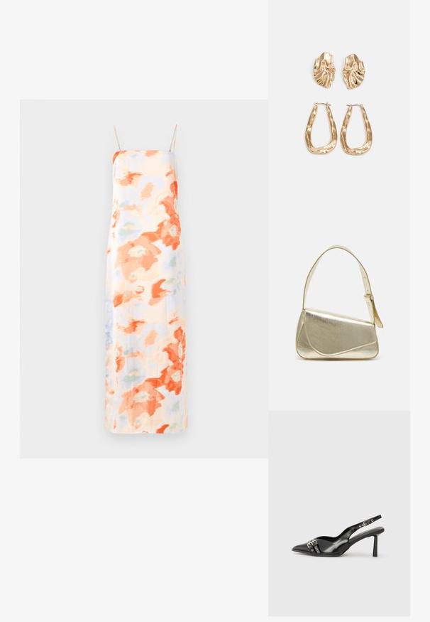 Blomster maxi kjole i pastelfarver med orange og lys blå abstrakte mønstre, med justerbare spaghetti stropper og en glat tekstur.; Sorte patenterede læderslagback sko med spids tå, ankleremme med sølvspænder og hardware samt en slank hæl.; Guldmetallisk håndtaske med et struktureret design, glat tekstur og justerbar rem. Har en unik trekantet form og minimalistisk syning.; Guldtonede øreringe med teksturerede, bølgede former. Inkluderer skulpturelle clips og en åben ringdesign med en hamret finish.