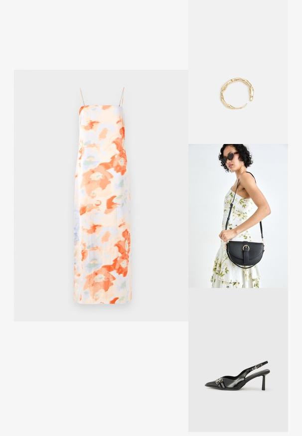 Kwiatowa sukienka maxi w pastelowych kolorach z abstrakcyjnymi wzorami w odcieniach pomarańczowego i jasnoniebieskiego, z regulowanymi ramiączkami i gładką fakturą.; Czarne lakierowane buty typu slingback z ostrym noskiem, paskami na kostkach z srebrnymi klamrami i elementami metalowymi oraz smukłym obcasem.; Czarna skórzana torebka o zakrzywionym kształcie, z odpinanym paskiem i złotymi akcentami. Torebka posiada klapę z zapięciem w kształcie klamry.; Pierścionek w odcieniu złota z organicznym, skręconym wzorem, o gładkiej fakturze i zwężających się końcach, tworzący nowoczesny, rzeźbiarski wygląd.