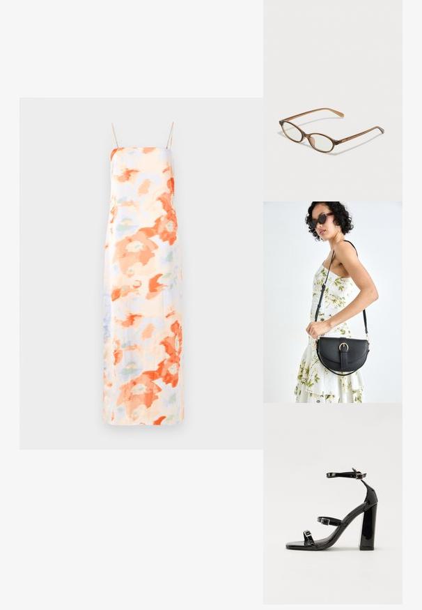 Blomster maxi-kjole i pastellfarger med oransje og lyseblå abstrakte mønstre, med justerbare spaghetti-stropper og en glatt tekstur.; Svart høyglans sandaler med hæl, firkantet tå, ankelremmer og sølvspenner. Har en kraftig blokkhæl for stabilitet.; Brune skjellbriller med ovale linser, tynne stenger og gjennomsiktige detaljer. Har en subtil logo på stangen. Elegant, lett design.; Svart lærveske med en buet form, avtagbar stropp og gullbeslag. Vesken har et klaff med spenne-detall.