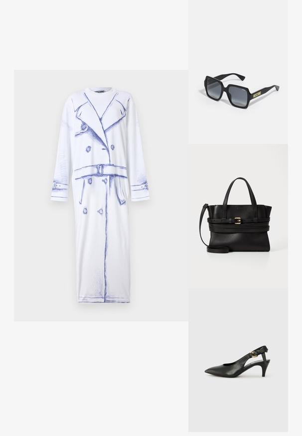 MOSCHINO OLIVIA - Trikotaažkleit - fantasia bianco; Must musträkkidega must nahast slingback-kontsaking, millel on terav nina, väike konts ja pandla detail pahkluu rihmal. Sile tekstuur, minimalistlik disain.; Mustad mustad päikeseprillid hallide gradient läätsedega; sisaldab peeneid detaile ja "MOSCHINO" brändimist kollasena varre peal.; Mustmust leatherist kott, millel on struktureeritud disain, kahekordne ülemine käepide, eemaldatav rihm ja kuldne pandlaaksent horisontaalsel ribal.