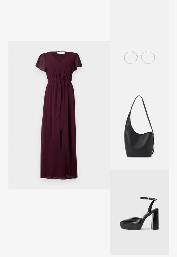 Rochie lungă burgundy cu decolteu în V, mâneci scurte și vaporoase și curea ajustabilă în talie; confecționată dintr-un material ușor și fluid.; Pantofi cu toc platformă negri, cu vârful ascuțit și curea reglabilă la gleznă. Confecționați din piele netedă, având un toc gros.; Geantă hobo din piele neagră, cu o textură netedă, formă curbată și un singur bretele ajustabil; are o deschidere largă în partea de sus.; Cercei din argint cu un design elegant și rotund, având o suprafață netedă și fără embellismente vizibile. Diametrul nu este specificat.