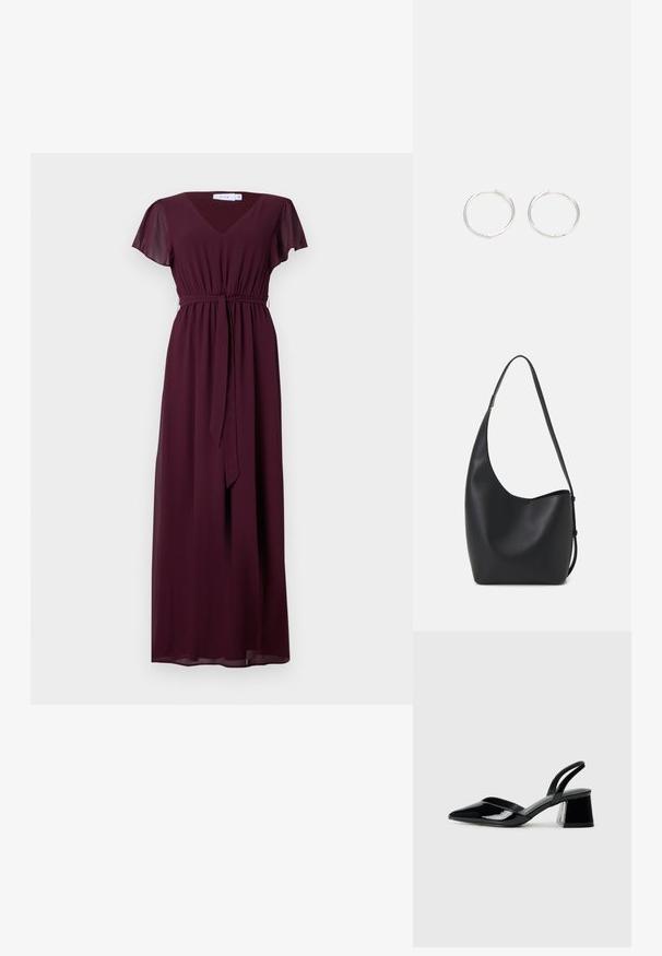 Rochie lungă burgundy cu decolteu în V, mâneci scurte și vaporoase și curea ajustabilă în talie; confecționată dintr-un material ușor și fluid.; Pantofi cu toc slingback din piele lacuită neagră, cu vârf ascuțit și toc geometric. Prezintă un design elegant, minimalist și o textură netedă.; Geantă hobo din piele neagră, cu o textură netedă, formă curbată și un singur bretele ajustabil; are o deschidere largă în partea de sus.; Cercei din argint cu un design elegant și rotund, având o suprafață netedă și fără embellismente vizibile. Diametrul nu este specificat.