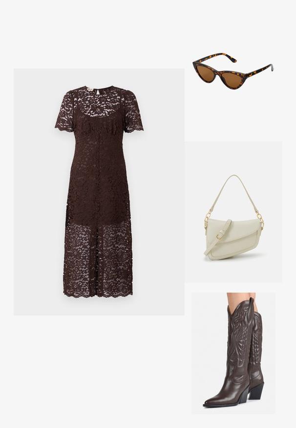 Braunes Spitzenkleid mit kurzen Ärmeln, das ein florales Muster, einen gewellten Saum und ein leicht körperbetontes Design aufweist. Mittellanger Schnitt.; Braune Leder-Cowboy-Stiefel mit spitzem Punkt und Blockabsatz, die über detaillierte Stickereien und hervorgehobene Akzente am Schaft verfügen.; Katzenaugen-Sonnenbrille mit einem schwarz-orangenen Schildpattrahmen, braunen Gläsern und schlanken, spitzen Enden. Verfügt über ein minimalistisches Logo am Bügel.; Kleine cremefarbene Handtasche mit strukturiertem Finish, einem langen verstellbaren Tragegurt, einem Kettenakzent und einem Klappenverschluss. Goldene Hardware-Details.; Goldfarbene Ohrringe in Form von dünnen, runden Kreolen, mit einer glatten, metallischen Oberfläche und ohne Verzierungen oder Muster.