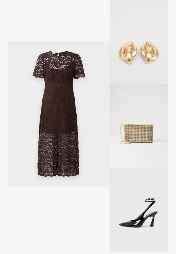 Smeđa čipkasta haljina s kratkim rukavima, s cvjetnim uzorkom, valovitim rubom i blago prilagođenim dizajnom. Srednje dugačka.; Crne lakirane slingback cipele s visokom potpeticom, u obliku špice, s podesivim remenom oko gležnja i umjerenom blok-potpeticom. Glatka tekstura s sjajnim završetkom.; Loeffler Randall YASMINE FLAT CLUTCH - Torba preko tijela - gold; Nakit od zlatnog metala s ušicama koje imaju uvijeni dizajn s glatkom, sjajnom površinom i zaobljenim oblicima. Svaka ušica mjeri otprilike 5 cm.