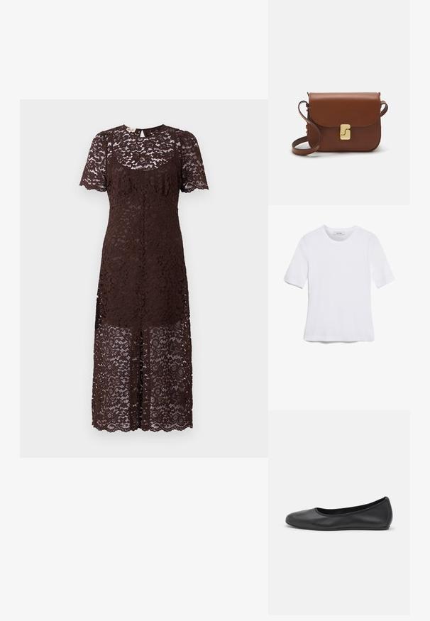 Rochie din dantelă maro cu mâneci scurte, având un model floral, tiv ondulat și un design ușor ajustat. Croi mediu.; Tricou alb cu mânecă scurtă, confectionat dintr-un material texturat. Gât rotund, tăietură regulară și detalii subtile de cusătură. Fără modele sau grafice.; Balerini din piele neagră, cu vârf rotund, textură netedă, detalii de cusătură minimale și un design al tălpii flexibil.; Geantă de piele maro cu închidere tip capac, accesorii de culoare aurie, curea de umăr și o textură netedă. Formă compactă și rectangulară.