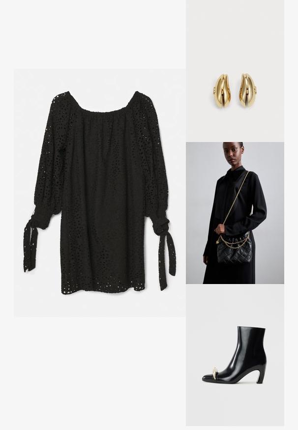 Alice + Olivia ARTEMIS OFF SHOULDER MINI DRESS - Kasdienė suknelė - black; Juodi aulinukai, pagaminti iš blizgios odos, su smailia nosimi ir dekoratyviu aukso bei sidabro akcentu priekyje. Bloko kulnas.; Juodas susegamas odinis rankinukas su susiraukšlėjusia viršuje, auksine grandine ir stačiakampiu pavidalu, laikomas prieš paprastą foną.; Aukso spalvos auskarai su srauniu, kreiviu dizainu. Kiekvienas auskoras turi lygų paviršių ir mažą užsegimą su dekoratyviu akcentu.