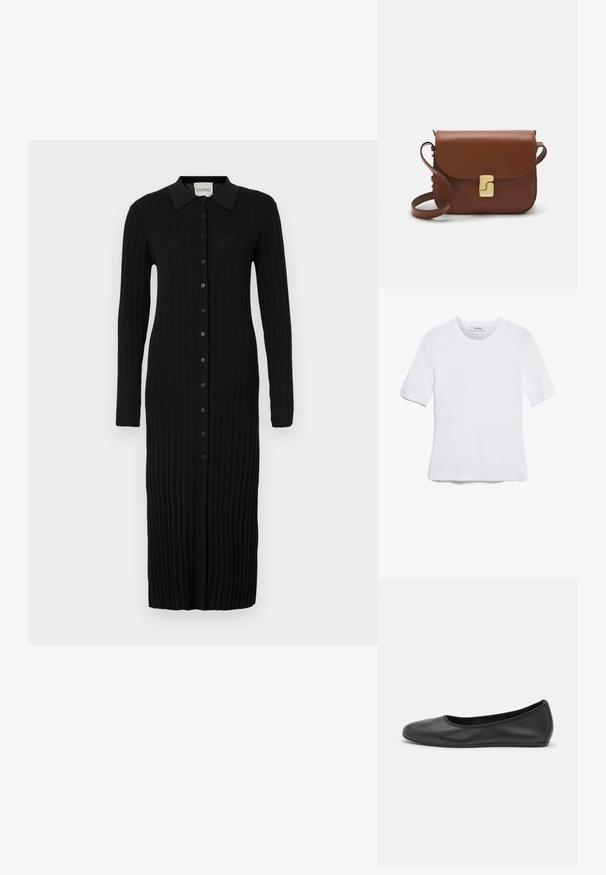 Vestido midi negro con mangas largas, textura de canalé, parte delantera con botones y cuello de solapa. Hecho de una tela suave y elástica.; Camiseta de manga corta blanca hecha de tela de canalé. Cuello redondo, corte regular y detalles de costura sutiles. Sin patrones ni gráficos.; Bailarina de piel negra con punta redondeada, textura suave, detalle de costura minimalista y diseño de suela flexible.; Bolso de mano de cuero marrón con cierre de solapa, herrajes en tono dorado, correa para el hombro y una textura suave. Forma rectangular compacta.