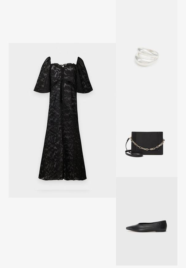 Svart klänning med korta, puffiga ärmar, prydd med ett blommigt spetsmönster. Knäppning fram, svepande silhuett och knälång fåll.; Svart läderballetflat, spetsig tå, minimalistisk design, slät textur, låg klack, ingen synlig hårdvara eller utsmyckningar.; Svart läder crossbody-väska med en slät yta, rektangulär form och metallickedjedetalj på framsidan. Justerbar rem ingår.; Silver ring med dubbel band och en slät, polerad yta. Har en flödande, böjd design med överlappande sektioner för en modern stil.