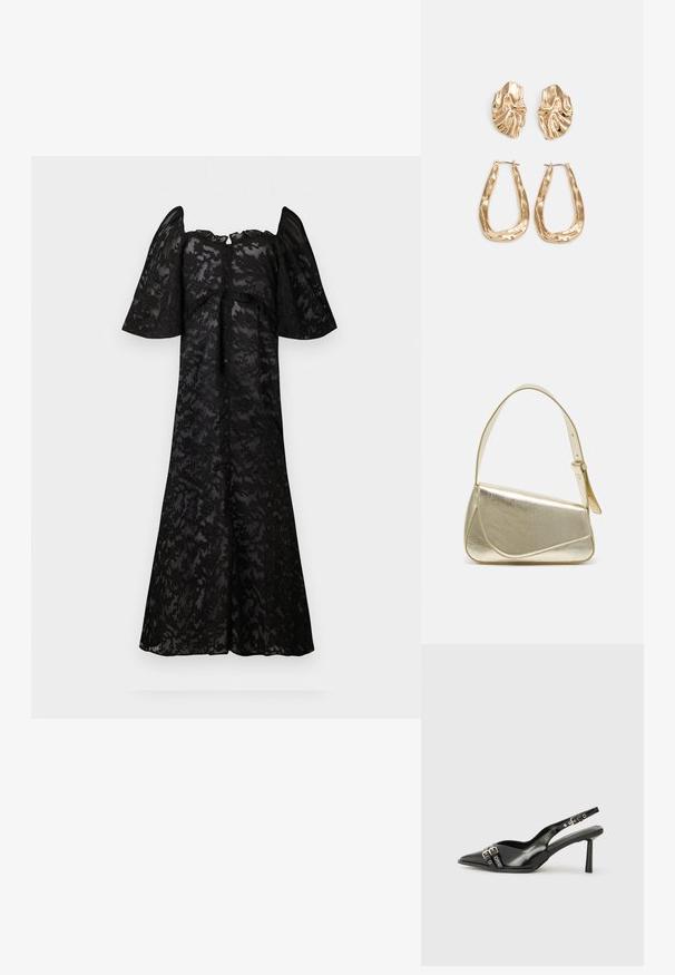 Vestido preto com mangas curtas e bufantes, apresentando um padrão de renda floral. Frente abotoada, silhueta fluida e bainha na altura dos joelhos.; Sapato slingback preto em pele patentada com bico apontado, tiras no tornozelo apresentando fivelas e acessórios prateados, e um salto elegante.; Bolsa de mão metálica dourada com um design estruturado, textura suave e alça ajustável. Apresenta uma forma triangular única e costura minimalista.; Brincos em tom de ouro com formas onduladas e texturizadas. Inclui studs escultóricos com presilha e um design de argola aberta com um acabamento martelado.