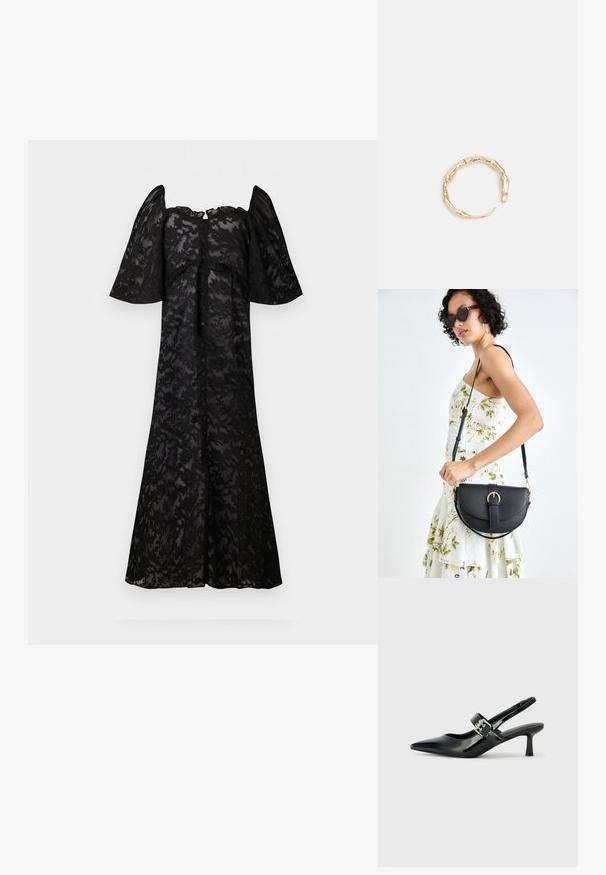 Čierne šaty s krátkymi vyp puffed rukávmi, s kvetinovým čipkovým vzorom. Predná strana s gombíkmi, voľný silueta a dĺžka po kolená.; Čierne patentové kožené sandále na podpätku so špicatou špičkou a malým blokovým podpätkom, s dekoratívnou striebornou sponou na remienku.; Čierna kožená kabelka s zaobleným tvarom, odnímateľným popruhom a zlatými doplnkami. Kabelka má klopu s detailom s prackou.; Prsteň v zlatej farbe s organickým, skrúteným dizajnom, hladkým povrchom a zužujúcimi sa koncami, vytvárajúci moderný, sochársky vzhľad.