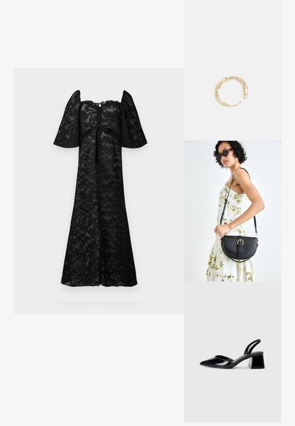 Čierne šaty s krátkymi vyp puffed rukávmi, s kvetinovým čipkovým vzorom. Predná strana s gombíkmi, voľný silueta a dĺžka po kolená.; Čierne lakované kožené sandálové podpätky s špicatou špičkou a geometrickým blokovým podpätkom. Disponujú elegantným, minimalistickým dizajnom a hladkým povrchom.; Čierna kožená kabelka s zaobleným tvarom, odnímateľným popruhom a zlatými doplnkami. Kabelka má klopu s detailom s prackou.; Prsteň v zlatej farbe s organickým, skrúteným dizajnom, hladkým povrchom a zužujúcimi sa koncami, vytvárajúci moderný, sochársky vzhľad.