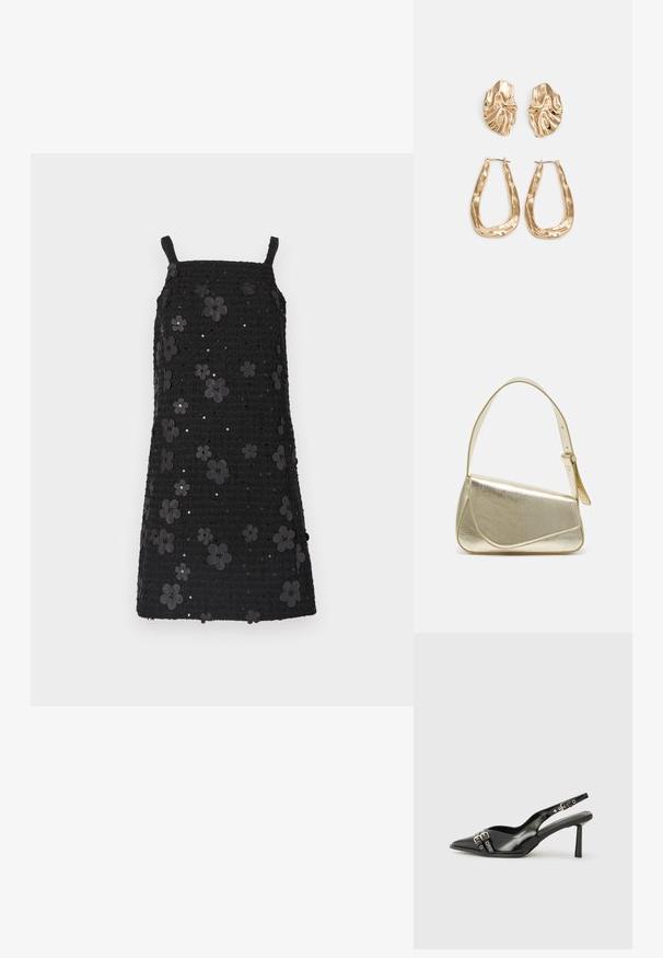 Fekete ujjatlan ruha négyzet alakú nyakkivágással, texturált anyagból, fekete virágapplikációkkal és flitterekkel díszítve az egész mintán.; Fekete lakk bőr, hegyes orrú slingback cipő, boka pántokkal, ezüst csatokkal és hardverelemekkel, valamint karcsú sarkú.; Arany fémes kézi táska, strukturált dizájnnal, sima felülettel és állítható pánttal. Egyedi háromszög alakú, minimalistának mondható varrásokkal rendelkezik.; Aranyszínű fülbevalók, texturált, hullámos formákkal. Tartalmazza a szobrászati klipszes studokat és az open hoop kialakítást, kalapácsos felülettel.