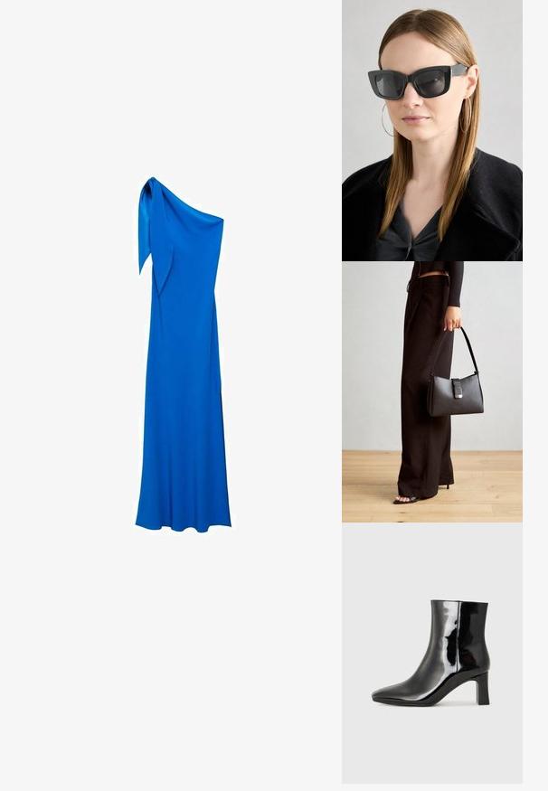 Sukienka do ziemi na jedno ramię w intensywnym niebieskim kolorze. Charakteryzuje się gładką teksturą oraz związanym akcentem na ramieniu, tworząc elegancką sylwetkę.; Czarne lakierowane botki za kostkę z wysmukłym noskiem i średniej wysokości obcasem w kształcie słupka. Gładka tekstura i minimalistyczny design.; Czarne okulary w kocim kształcie z ciemnymi soczewkami, grubymi oprawkami i subtelnymi akcentami. Noszone z czarnym płaszczem i szarym topem, z długimi prostymi włosami.; Czarna torebka o usztywnionym kształcie, gładkiej fakturze i metalowym zapięciem. Połączona z szerokimi czarnymi spodniami i sandałami na otwartym palcu na drewnianej podłodze.