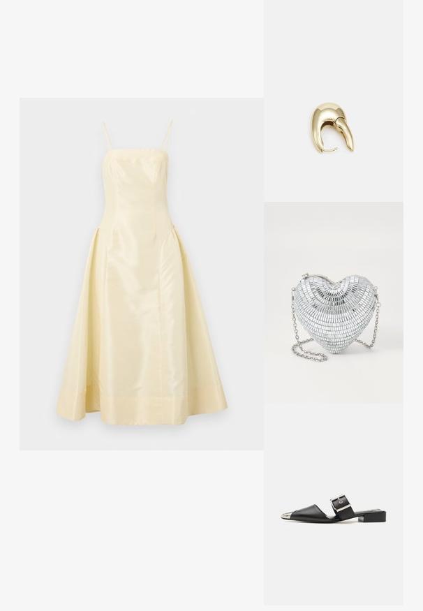 O rochie de satin galben cu un corp ajustat, bretele subțiri și o fustă voluminoasă, având o textură netedă și un ușor luciu.; Sandal cu piele neagră, cu vârf ascuțit, capac metalic argintiu și curea cu cataramă ajustabilă. Toc plat pentru susținere.; Geantă tip clutch în formă de inimă argintie, realizată din plăci asemănătoare cu oglinda, dotată cu un sistem de închidere cu balama și un breloc cu lanț. Textură netedă cu suprafață reflectorizantă.; Cercei din metal de culoare aurie cu un design elegant și curbat. Prezintă o formă distinctivă, ascuțită, o suprafață lustruită și un sistem de închidere cu balama.