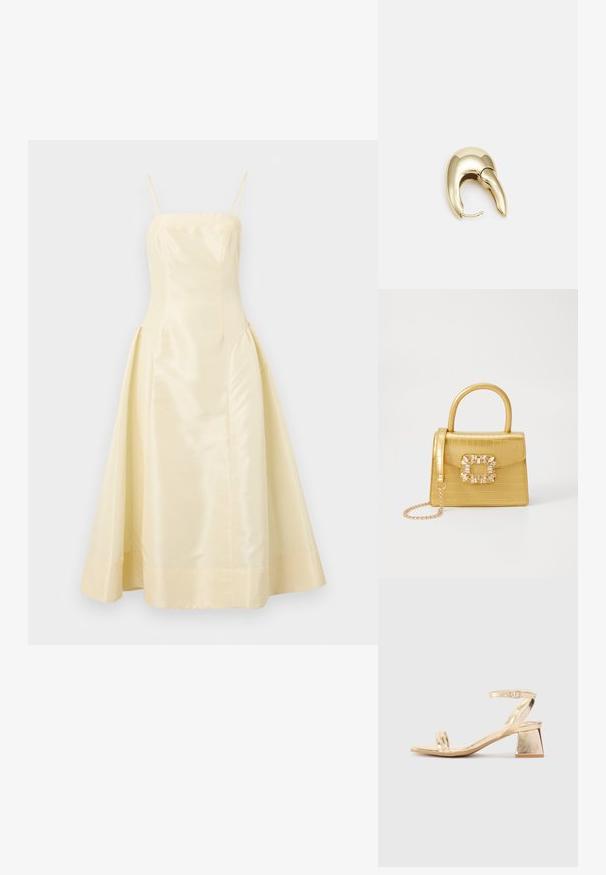 Dzeltena satīna kleita ar pieguļošu augšu, plānām siksnām un apjomīgu svārku, ar gludu tekstūru un nelielu spīdumu.; Zeltīta metāla augstpapēžu sandale ar stūrveida bloka papēdi, divām siksniņām virs kājas un regulējamu potītes siksniņu. Gluda tekstūra.; Dzeltena mākslīgā krokodila roku soma ar strukturētu dizainu, augšējo rokturi, noņemamu ķēdes siksniņu un dekoratīvām kristāla rotājumiem aizdares daļā.; Zeltīti metāla auskari ar gludu, izliekta dizaina. Ar atšķirīgu smailu formu, pulētu virsmu un eņģu aizdari.