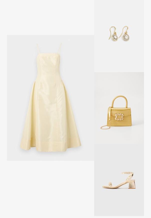 En gul satin klänning med en figursydd bodice, tunna axelband och en voluminös kjol, med en mjuk textur och en lätt glans.; Guldmetalliska klacksandaler med en kantig blockklack, två remmar över foten och en justerbar vristrem. Slät textur.; Gul faux-krokodilhandväska med en strukturerad design, topphandtag, avtagbar kedjesladd och dekorativa kristalldekorationer på klämman.; Guldtonade örhängen med ovalformade klara kristaller omgivna av mindre klara stenar, med en krokdesign för säker användning.