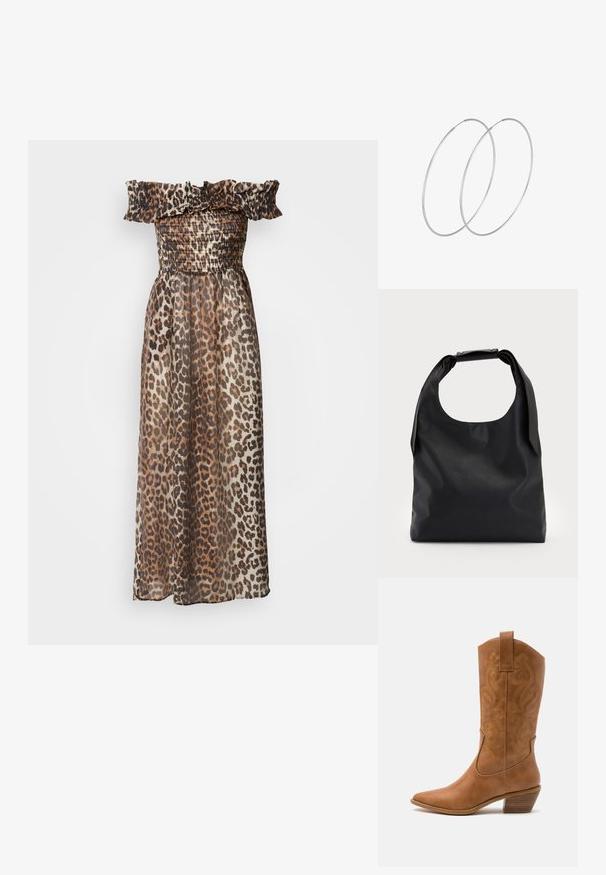 Vestido maxi de estampado de leopardo con escote con volantes y off-the-shoulder, cuerpo fruncido y tejido ligero y transparente. Los tonos tierra dominan el patrón.; Bota de vaquero de cuero marrón claro con punta afilada, patrones de espiral bordados en el tubo y un tacón bloque apilado. Cuenta con una pestaña de agarre para facilitar su uso.; Bolso hobo de cuero negro con un solo asa suave y redondeada; presenta una textura lisa y un diseño minimalista. Sin hardware visible ni acentos.; Pendientes de aro plateados con un diseño minimalista. Forma circular, textura suave y perfil delgado. Livianos con un acabado pulido.