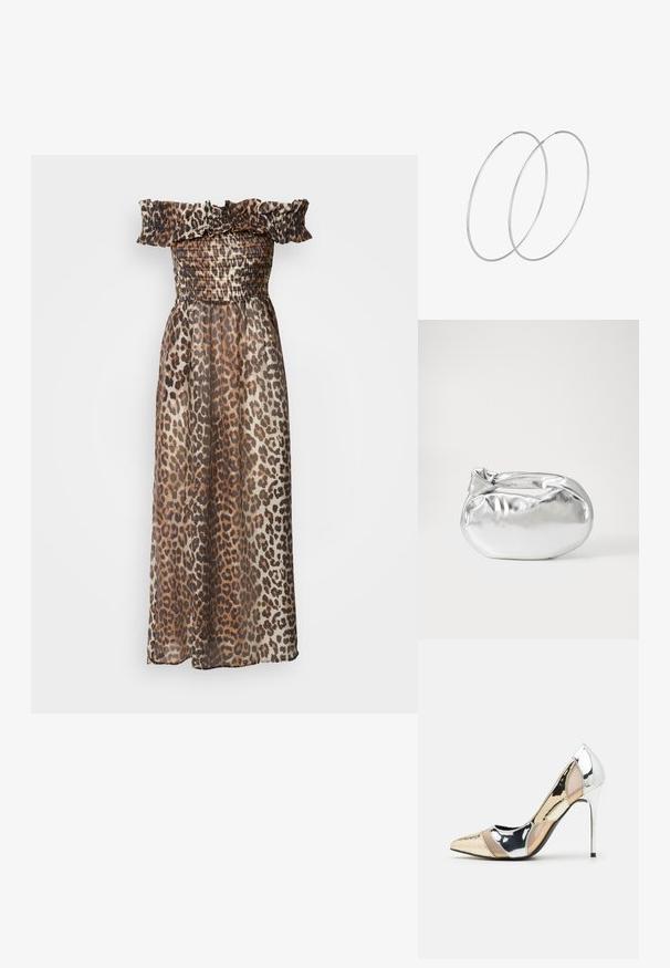 Leopardi mustriga maksikleit, millel on õlgadelt alla langev volangkaelus, smokkitud kehaosa ja kerge, läbipaistev kangas. Muster on valdavalt maalikujundites.; Kitsas toe kõrge kontsaga kingad, millel on hõbedane, kuldne ja nude värvilahendus. Läikiv viimistlus lõikekujundusega, stiletto konts.; Hõbedane metallikoti kott pehme, ümar kuju ja sõlme ülemise sulgemisega. Valmistatud siledast kunstnahast materjalist.; Hõbedased rõngastikkaehingad minimalistlikus disainis. Ümar kuju, sile tekstuur ja õhuke profiil. Kerged ning poleeritud viimistlusega.