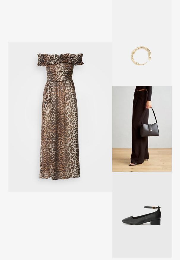 Maksi obleka z leopardjim vzorcem, z off-the-shoulder volanastim izrezom, smokanjem v pasu ter lahkotnim in prosojnim materialom. Zemeljski toni prevladujejo v vzorcu.; Črne usnjene pumpice z nazobčanimi prsti in nizko blokasto peto. Imajo trak okoli gležnja z zaponko v zlatem tonu. Gladka tekstura.; Črna torbica z strukturirano obliko, gladko teksturo in kovinskim zaponko. Ujemajo se z širokimi črnimi hlačami in odprtimi sandali na lesenem tleh.; Zlati prstan s organskim, zvitim dizajnom, gladko površino in taperiranimi konci, ki ustvarja modernega, skulpturalnega videza.