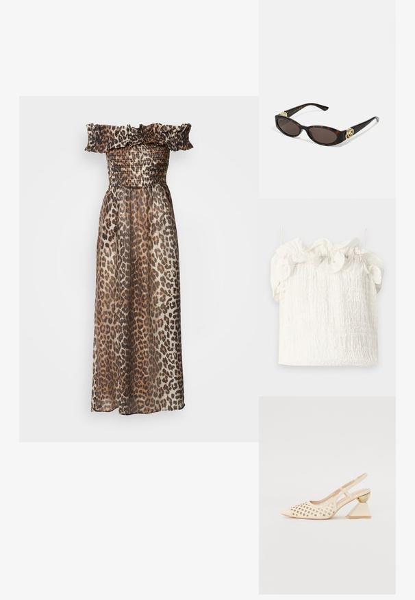 Maxi-kjole med leopardmønster og avtagbare volanger, smocket liv og lett, gjennomsiktig stoff. Jordfarger dominerer mønsteret.; Hofmann Copenhagen EXCLUSIVE GENEVIVE - Topper - off white; Beige slingback sko med perforert overdel, spiss tå og en kontrasterende trekantet hæl med gullakksent. Generelt glatt tekstur.; Skilpadde-solbriller med avlange ovale linser, brun tint, gull-logo aksenter på stengene og elegante svarte armer.; Hvit blomsterhåndveske med en samlet stoffoverflate, gullfarget kjedehank og metallklips. Har teksturerte kronblader for ekstra detalj.