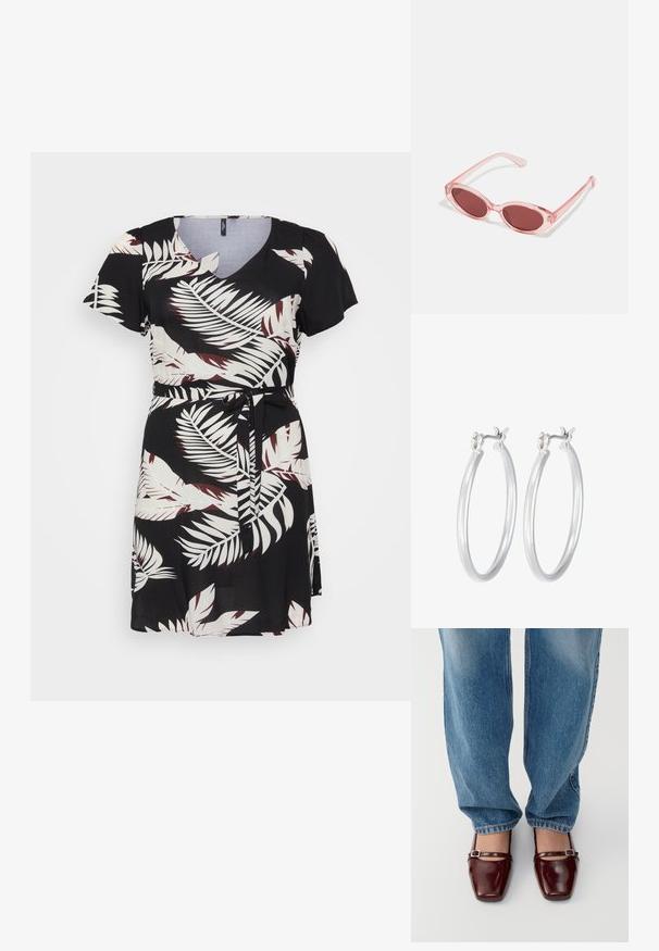 Crna haljina s kratkim rukavima, V-izrezom i strukiranim pojasom. Sadrži uzorak bijelih i bordo palminih listova na glatkom materijalu.; Burgundske lakirane cipele sa četvrtastim vrhom i remenom oko gležnja, uparene s svijetloplavim širokim trapericama. Cipele imaju sjajnu završnu obradu.; Ružičaste prozirne sunčane naočale s ovalnim staklima, tamnocrvenim tonom i tankim drškama, s glatkom površinom i suptilnim detaljima na okviru.; Srebrne kružne naušnice s glatkom, poliranom površinom. Okrugli oblik i sigurno kopčanje na klik. Lagani dizajn pogodan za svakodnevno nošenje.