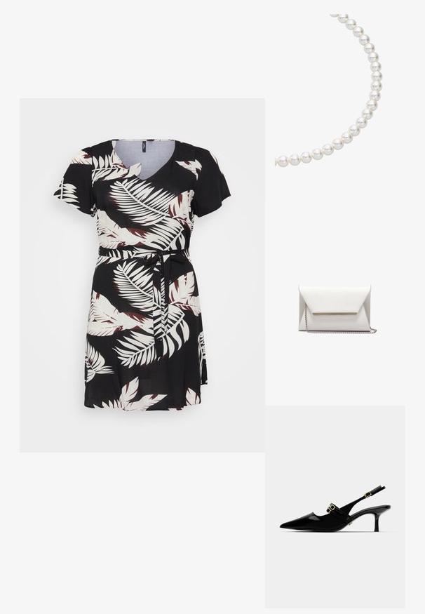 Juodas suknelė trumpomis rankovėmis, V formos iškirpte ir dirželiu juosmens srityje. Turinti baltai ir tamsiai raudonai palmių lapų raštą ant lygaus audinio.; Juodos lakuotos odinės slingback kulnų bateliai, su smailiu pirštu, kuriuose yra dvigubi auksiniai sagtelės akcentai ir lieknas stiletto kulnas.; Balta voko dėklas, pagamintas iš lygios odos, su sidabrine grandinėlės dirželiu ir metaliniu akcentu priekyje. Minimalistinis dizainas ir trikampio forma.; Perlo karoliai, sudaryti iš apvalių, blizgių baltų perlų, surinkti kartu, demonstruojantys lygią paviršių ir nuoseklią sferinę formą.