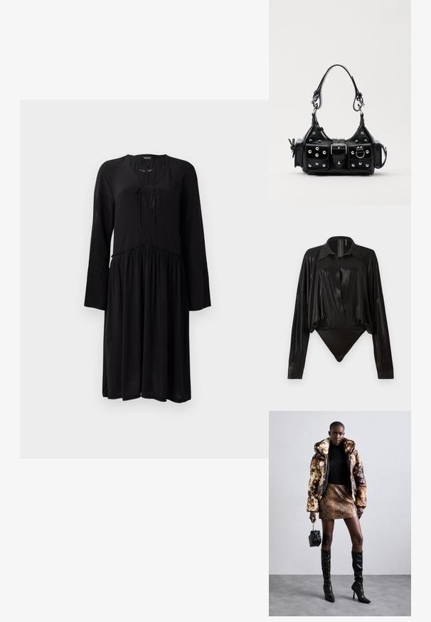Black dress made of lightweight fabric with long, flared sleeves, a V-neckline with a tie, and a gathered waist leading to a flowing skirt.; Black bodysuit with long sleeves, V-neck, and a fitted silhouette. Made of shiny, smooth fabric with a structured collar and cuffs.; Puffer jacket with a brown and black pattern, paired with a brown snake print mini skirt, black knee-high boots, and a small black bag.; Black leather handbag with a curved design, featuring silver studs, a buckle, and two side pockets. Adjustable strap for carrying options.