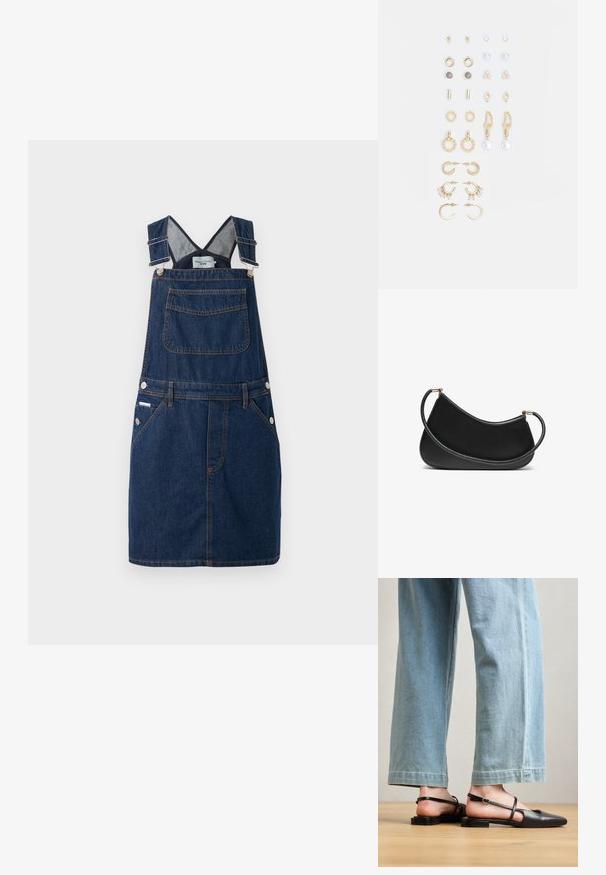 Tamsiai mėlynas džinsinis suknelė, turinti reguliuojamas petnešas, priekinę kišenę ir šoninius mygtukus su oranžiniais siuvinėjimo akcentais.; Juoda odinė basutė su smailiu nosiu, plokščiu Kulnu ir kulkšnies dirželiu; derinama su šviesiai mėlynomis plačiomis džinsinėmis kelnėmis.; Juodas odinis pečių krepšys su išlenktu dizainu, turintis tekstūruotą dirželį ir auksinės spalvos detalėmis viršutinėje užtrauktuko dalyje. Lygi apdaila.; Auksiniai auskarai su įvairiais dizainais, įskaitant studus, žiedus ir kabančius modelius su perlų ir kristalų akcentais.