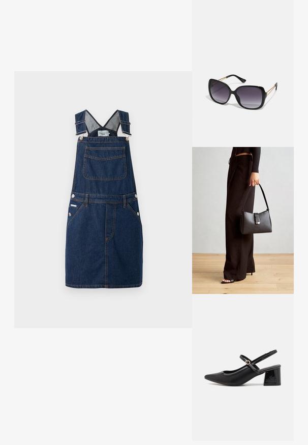Jeansova obleka v temno modri barvi, z nastavljivimi naramnicami, sprednjim žepom in stranskimi gumbi, okrašenimi z oranžnimi šivi.; Črne patentne usnjene salonarce s slingback obliko, s koničastim nosom, zaobljenim izrezom in blok peto. Imajo zlato kovinsko zaponko kot dodatno okrasje.; Črne prevelike sončne očala z degradacijskimi lečami, debelimi okvirji in zlatimi verižicami na ročajih.; Črna torbica z strukturirano obliko, gladko teksturo in kovinskim zaponko. Ujemajo se z širokimi črnimi hlačami in odprtimi sandali na lesenem tleh.