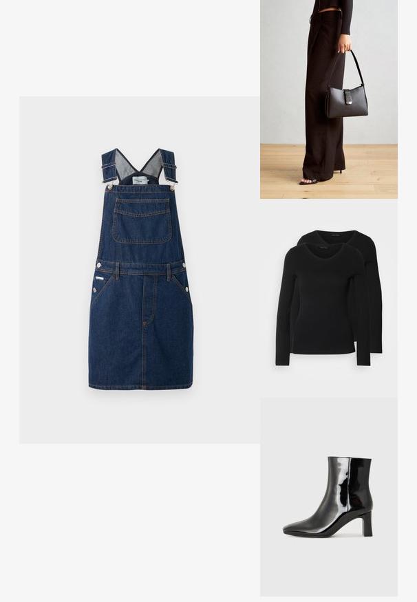 Jeansova obleka v temno modri barvi, z nastavljivimi naramnicami, sprednjim žepom in stranskimi gumbi, okrašenimi z oranžnimi šivi.; Dve črne majice z dolgimi rokavi in V-izrezom, narejene iz mehkega in raztegljivega materiala, ki prikazuje gladko teksturo in prilegnjeno obliko.; Črne lakirane gležnjarje z ošiljenim nosom in srednje visokim blokastim peto. Gladka tekstura in minimalističen dizajn.; Črna torbica z strukturirano obliko, gladko teksturo in kovinskim zaponko. Ujemajo se z širokimi črnimi hlačami in odprtimi sandali na lesenem tleh.