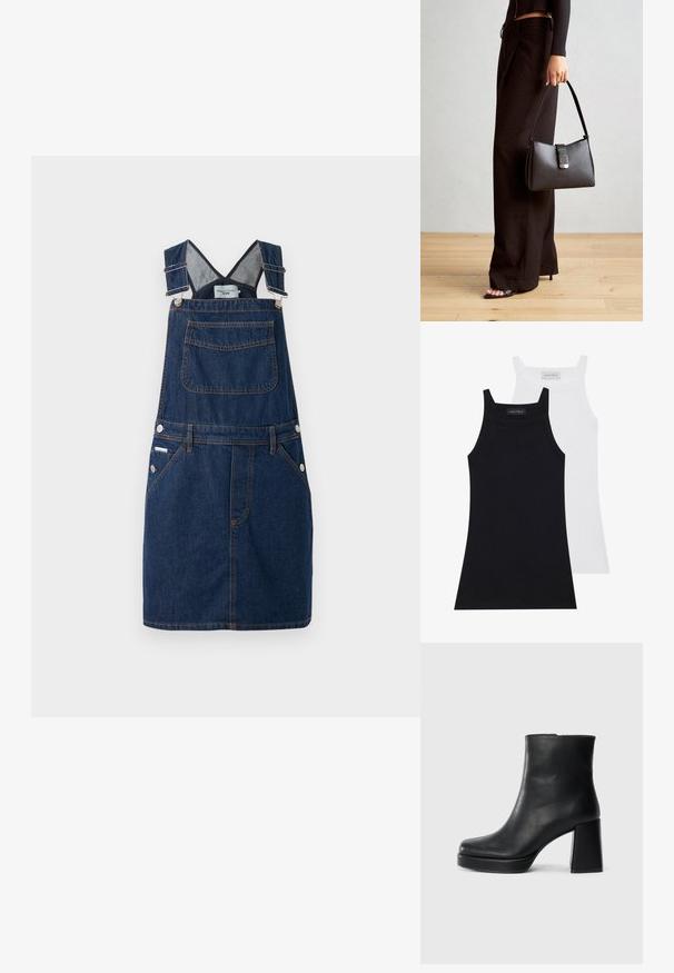 Tumbas džinsu kleita tumši zila krāsā ar regulējamiem siksnām, priekšējo kabatu un sānu pogu detaļām ar oranžiem šuvumiem.; Divi bezpiedurkņu topi melnā un baltā krāsā. Izgatavoti no mīksta, elastīga auduma ar ribotu tekstūru un pieguļošu piegriezumu. Iekļauj šauras siksnas.; Melna ādas potīšu zābaku ar bloku papēdi un platformas zoli, skatīts no sāna uz vienkārša balta fona.; Melnā somiņa ar strukturētu formu, gludu tekstūru un metālu sprādzi. Saskaņota ar platām melnām biksēm un sandālēm ar atvērtu purngalu uz koka grīdas.; Melnā somiņa ar strukturētu formu, gludu tekstūru un metālu sprādzi. Saskaņota ar platām melnām biksēm un sandālēm ar atvērtu purngalu uz koka grīdas.