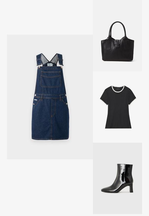 Vestido macacão em denim azul escuro, com alças ajustáveis, bolso frontal e detalhes de botões laterais com costuras em laranja.; T-shirt preta com textura canelada, gola redonda com acabamentos brancos em formato de ondas, e mangas curtas com detalhes em ondas correspondentes.; Botim de tornozelo em pele sintética preta com bico apontado e salto bloco de altura média. Textura suave e design minimalista.; Bolsa tote de couro preta com textura suave, forma estruturada, duas alças e um destaque prateado proeminente na parte da frente.
